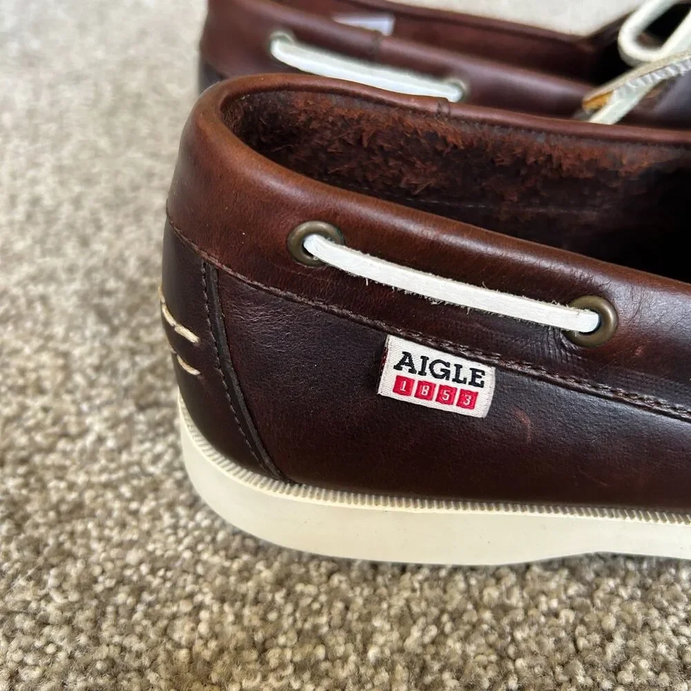 AIGLE 1853 LEATHER BOAT SHOES ELEGANT MENS 8.5 BROWN